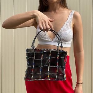 handmade multi beaded clear iridescent hand bag